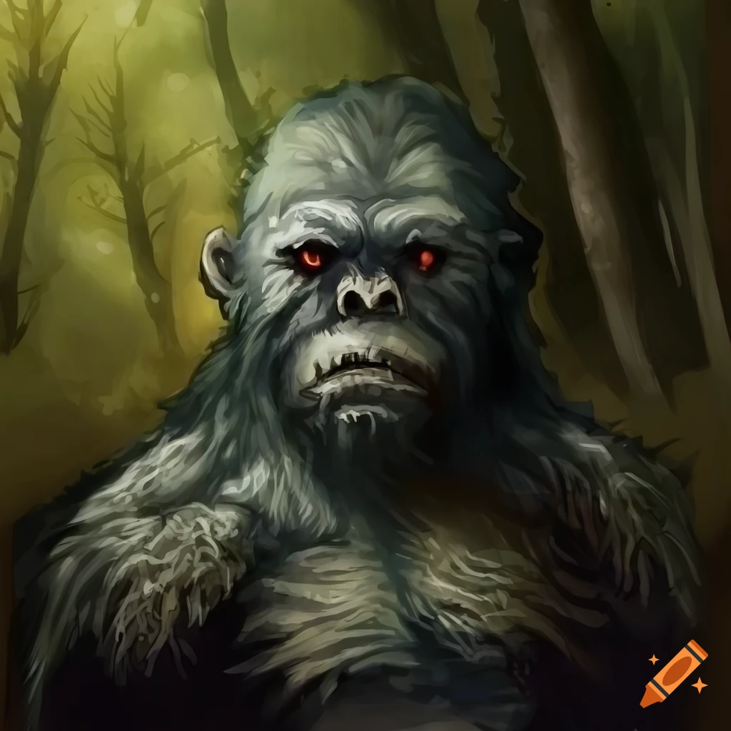colorless aquarel of a heroic bigfoot with bones in a forest