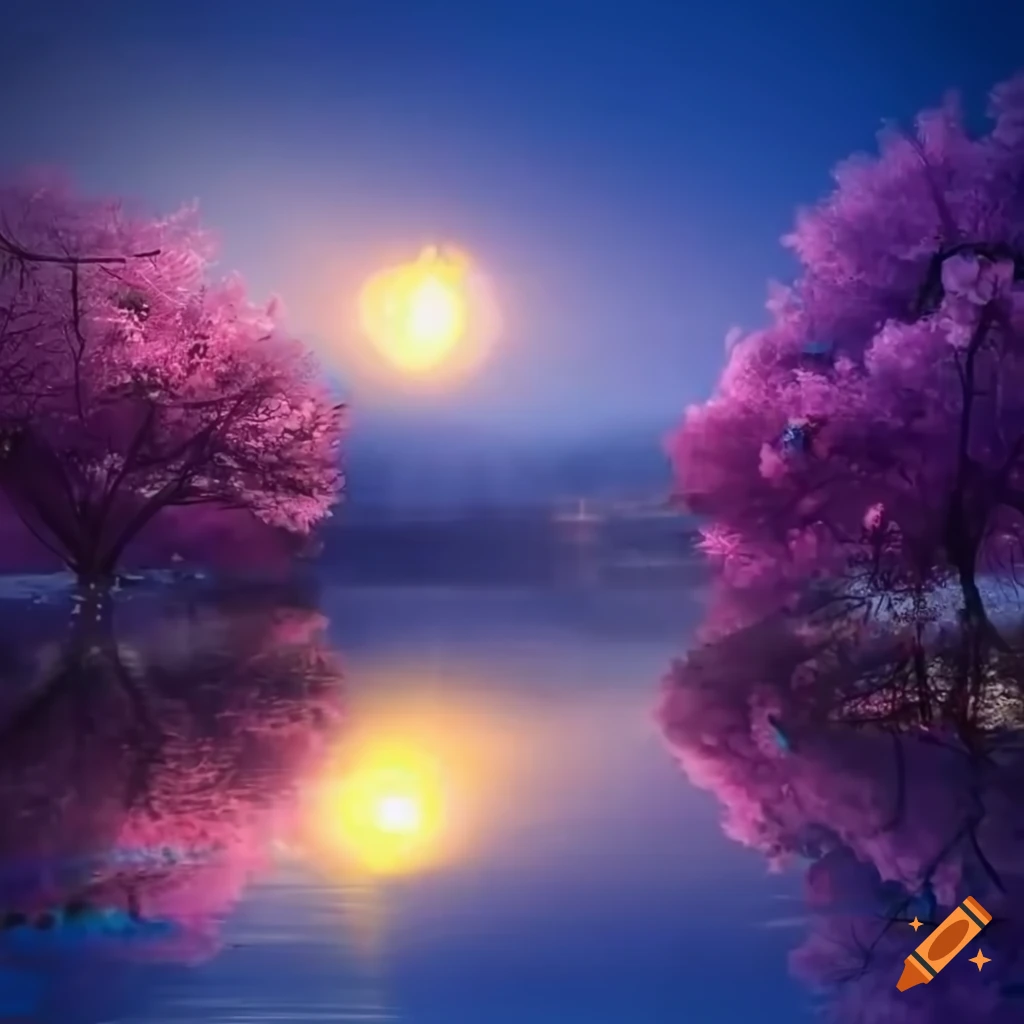 shiny pond with sakura and magical lights