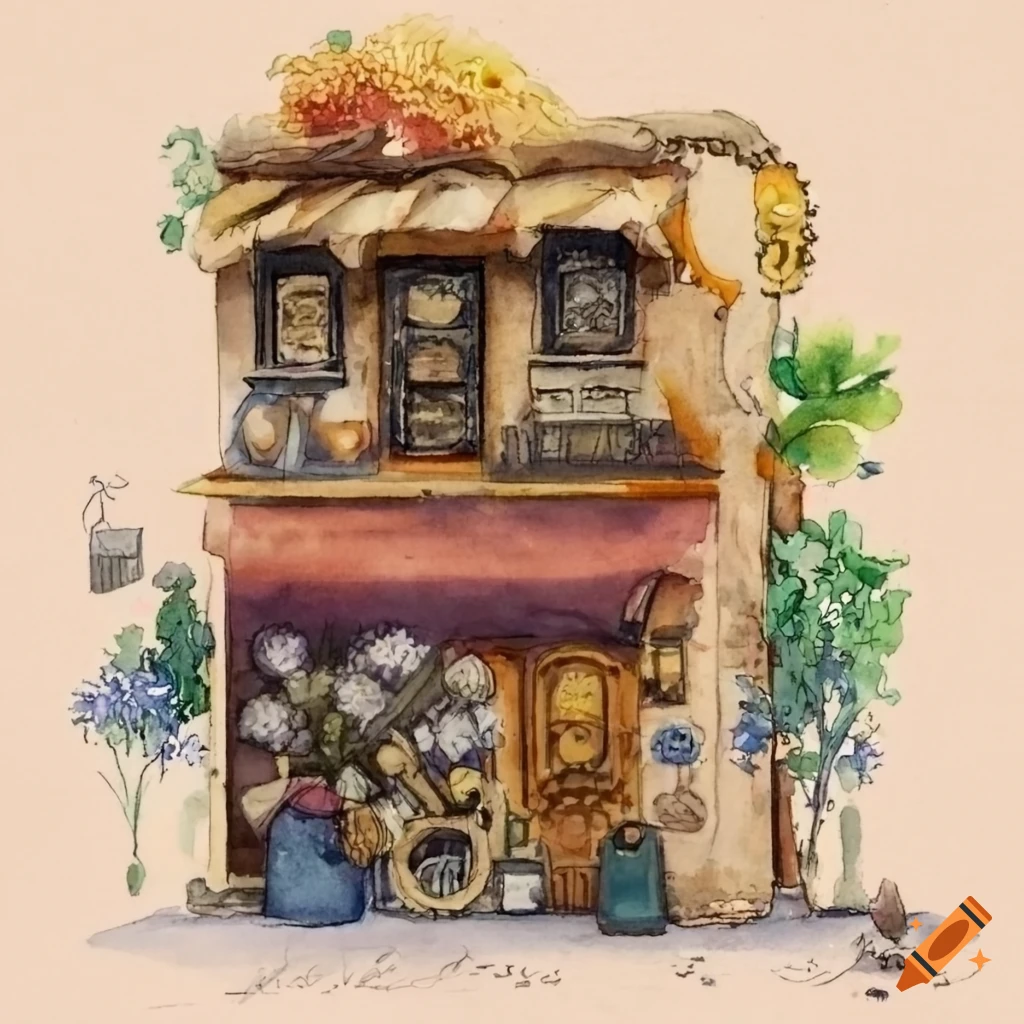 watercolor painting of a steampunk flower shop