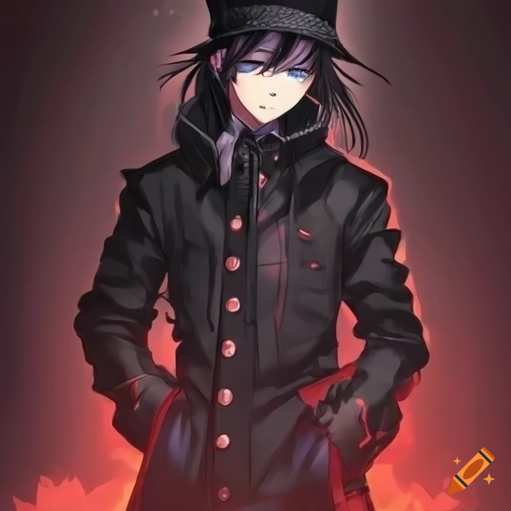 anime boy with long black hair and glowing blue eyes in a dark mansion