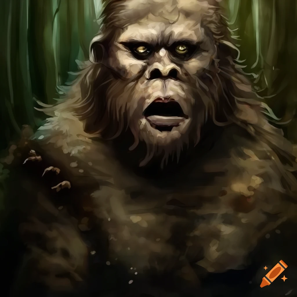 colorless aquarelle of a heroic bigfoot in a forest