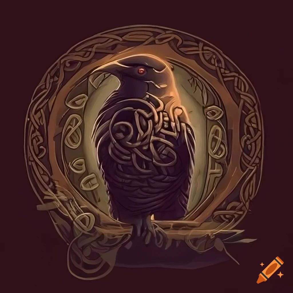 stylized raven with Norse-inspired designs