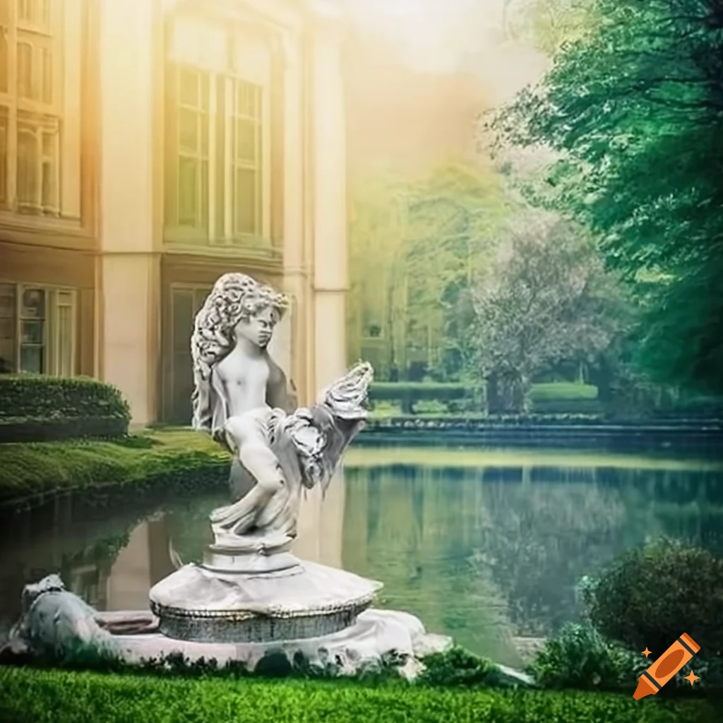 silver angel statue in a foggy rococo garden