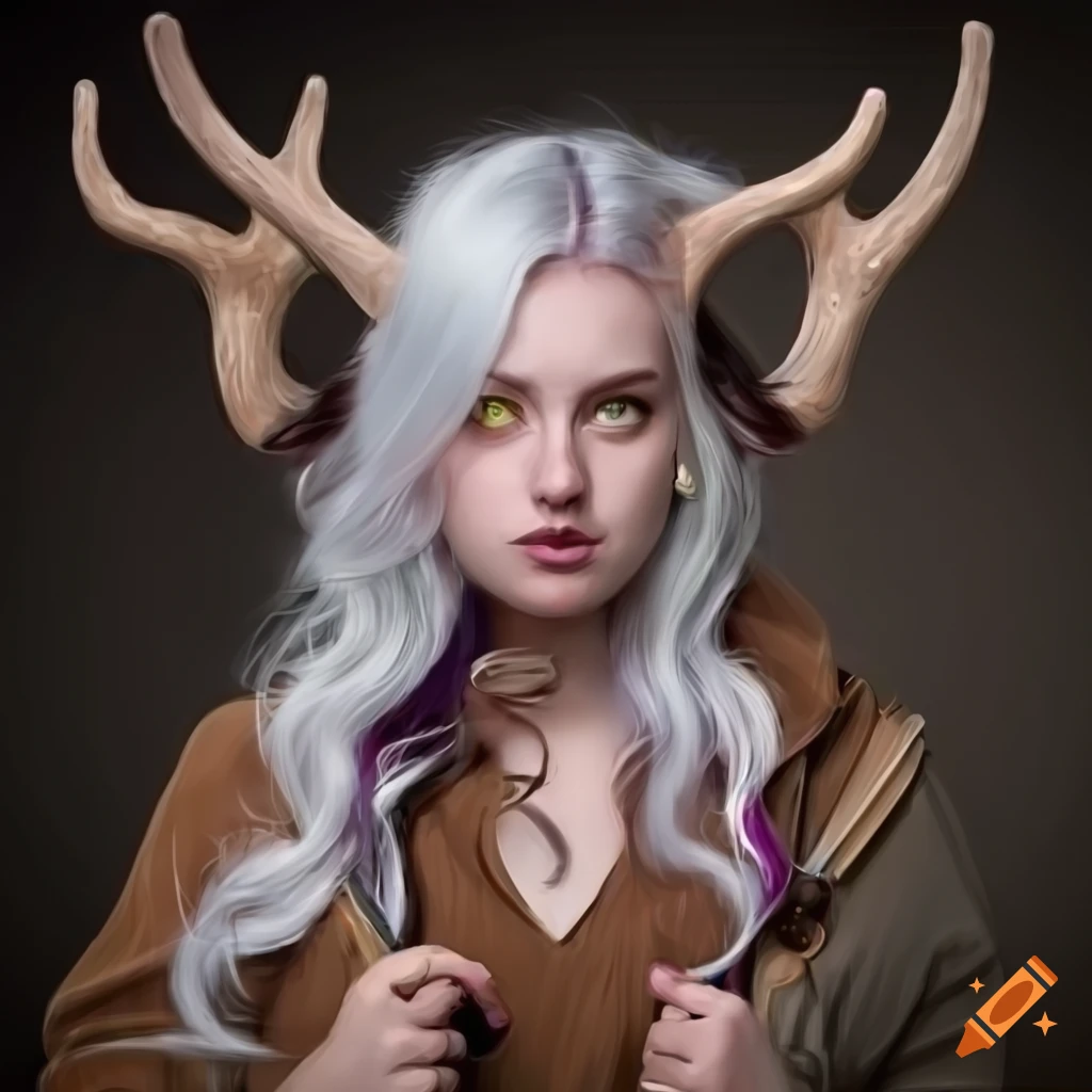 Digital art of a tiefling girl with purple skin and deer antlers on Craiyon