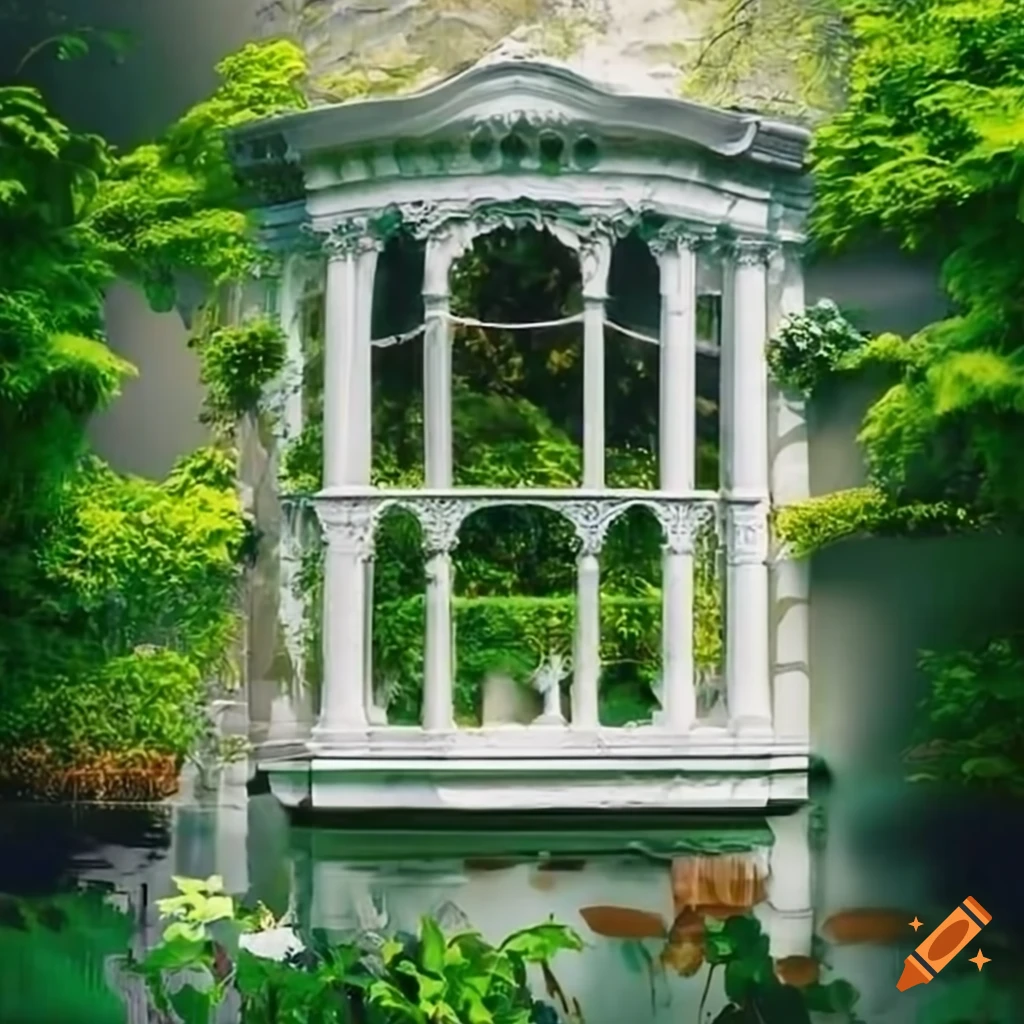 rococo-style balcony overlooking a garden pond
