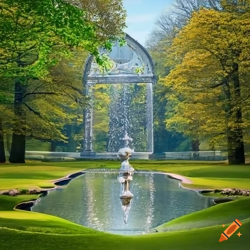 rococo garden with silver fountain and grand window