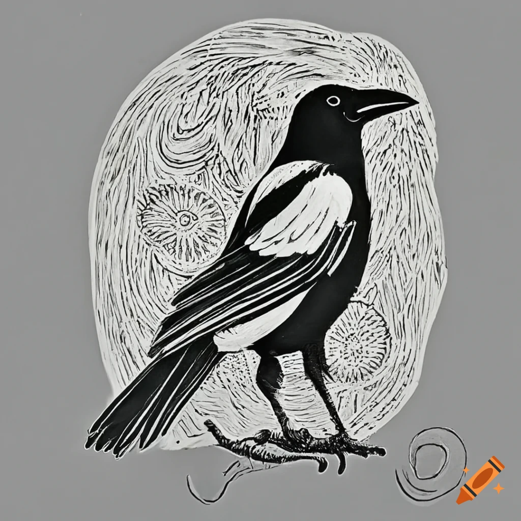 black and white linocut of a magpie