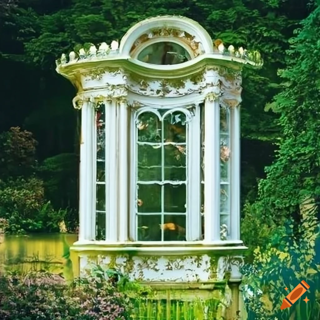 rococo garden with tall windows and white pillars