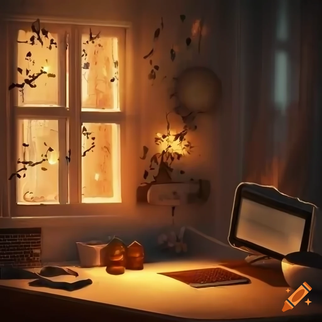 cozy room with fairy lights and window overlooking trees