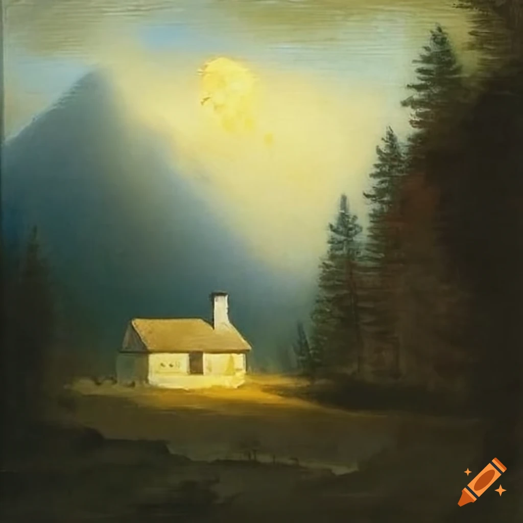 Beksiński's painting of a cottage in the mountains