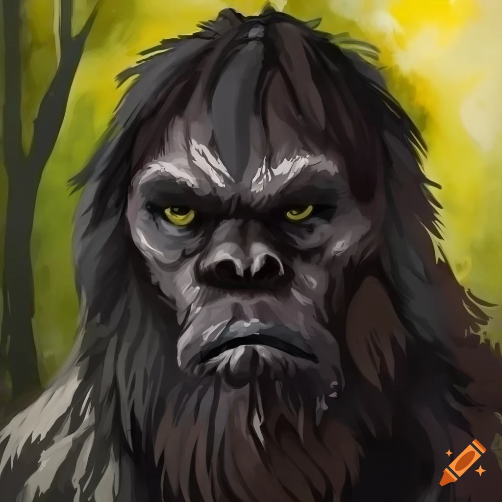 portrait of a majestic black-furred bigfoot in a forest