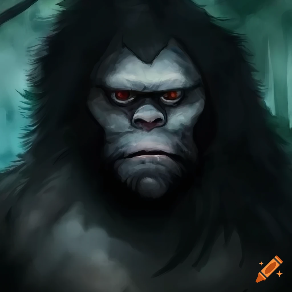 aquarelle portrait of a majestic black-furred Bigfoot