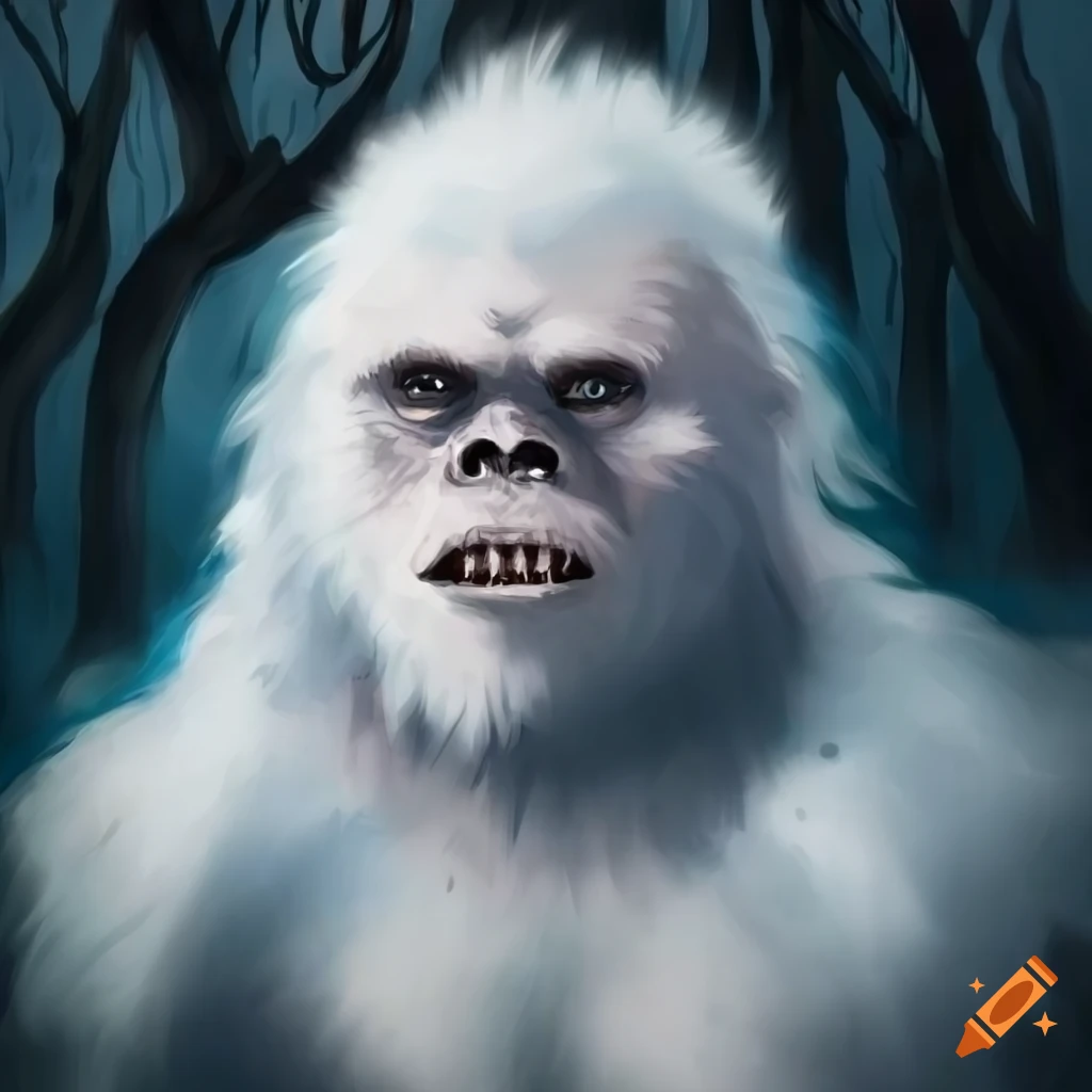 artistic portrait of a white-furred bigfoot in a forest