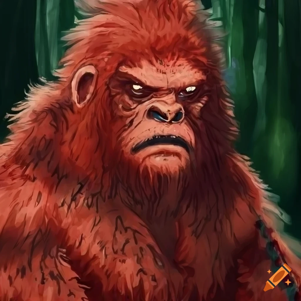 portrait of a red-furred bigfoot in a forest