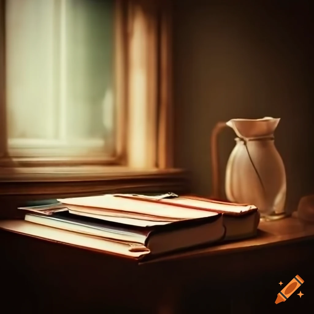 cozy desk with books, papers, and pens