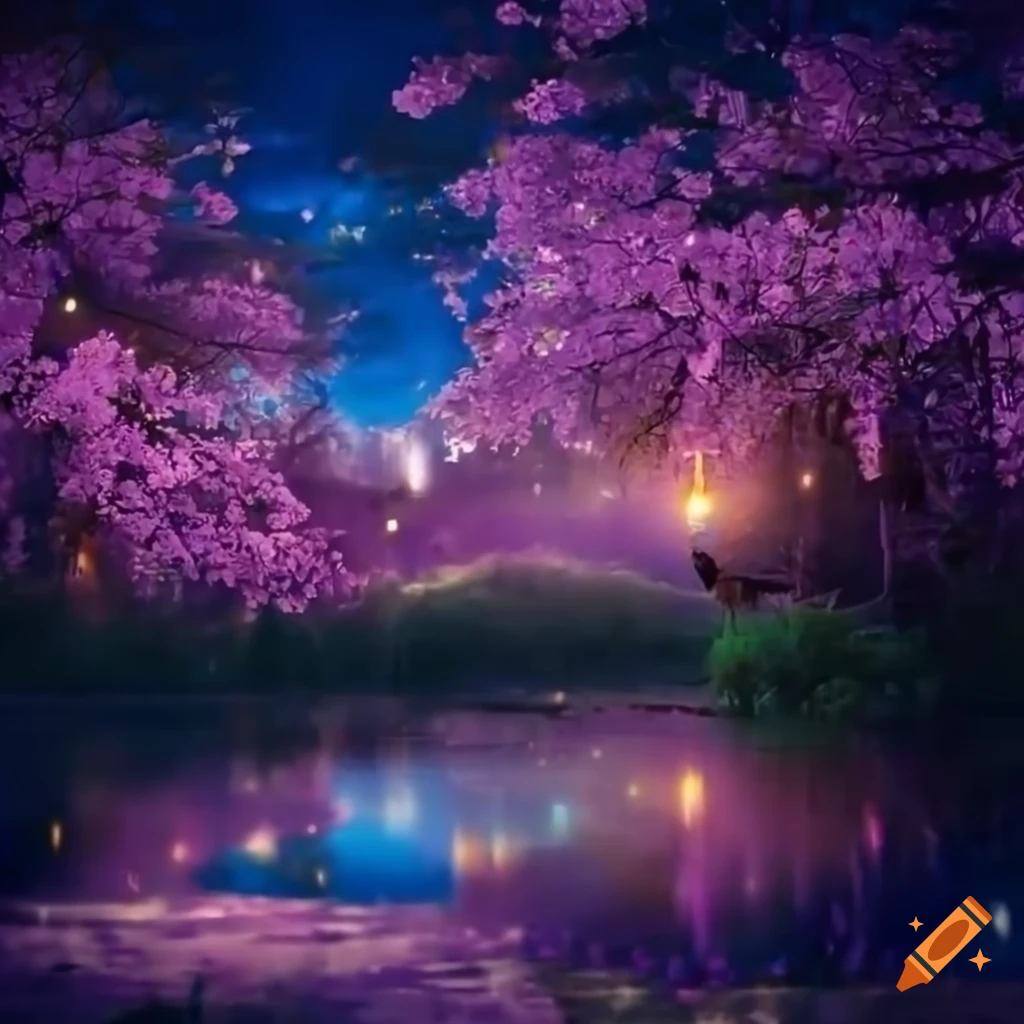 magical sakura pond with a woman sitting by it