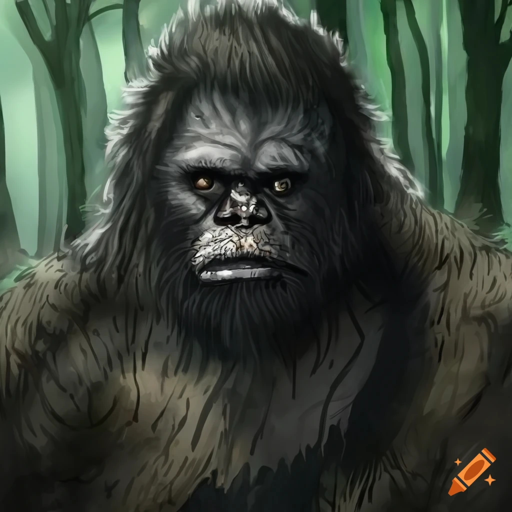 aquarelle portrait of a majestic black-furred Bigfoot