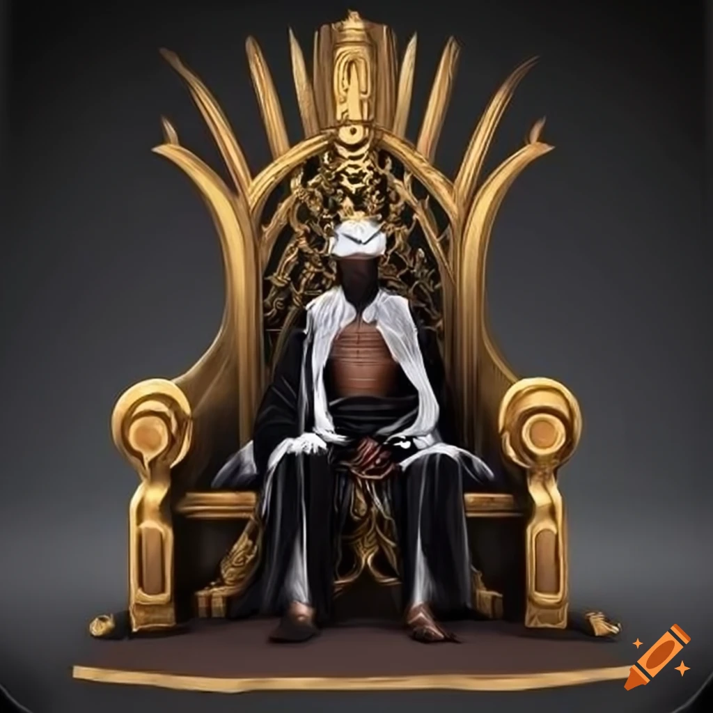 African man sitting on a throne with a mask