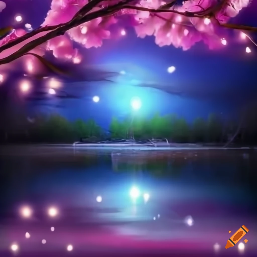 shiny pond with sakura and magical lights