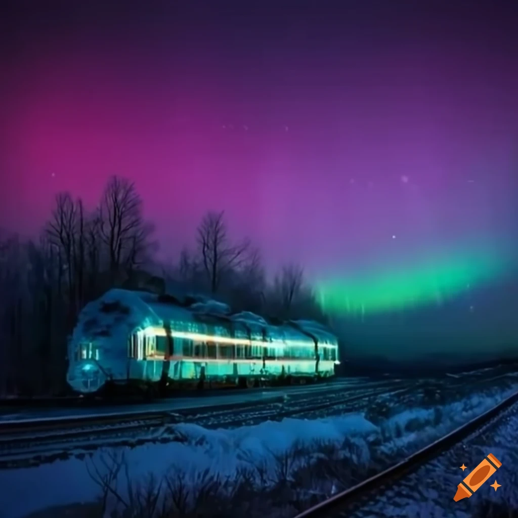 train passing through snowy landscape under aurora