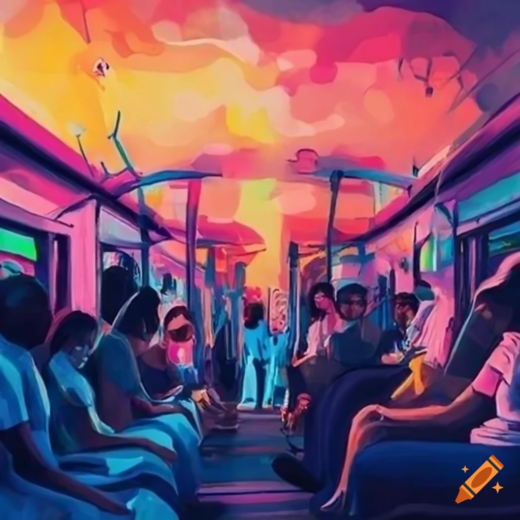 vibrant artwork of a crowded bus with Latin passengers