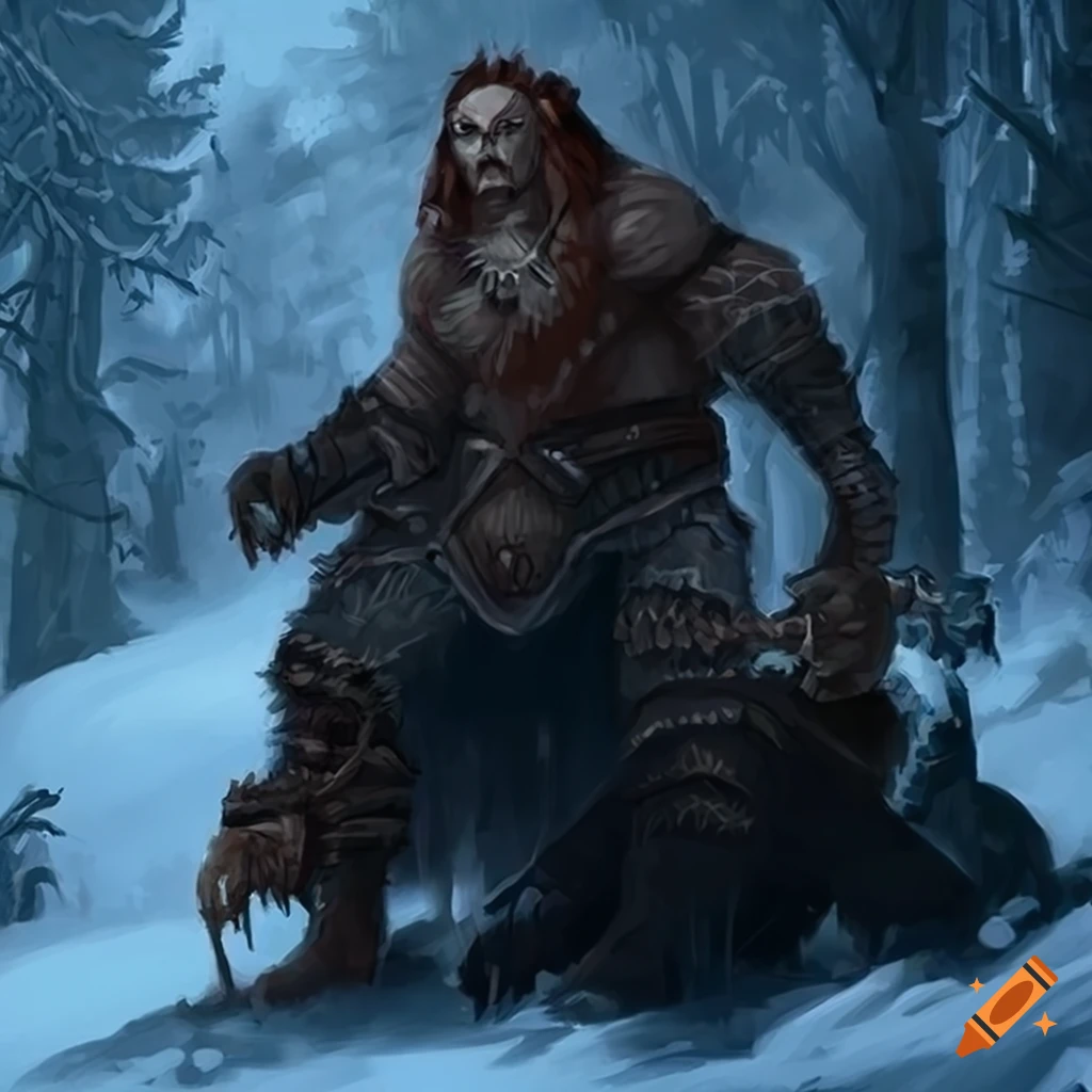 fantasy art of a barbarian with bears in the snow
