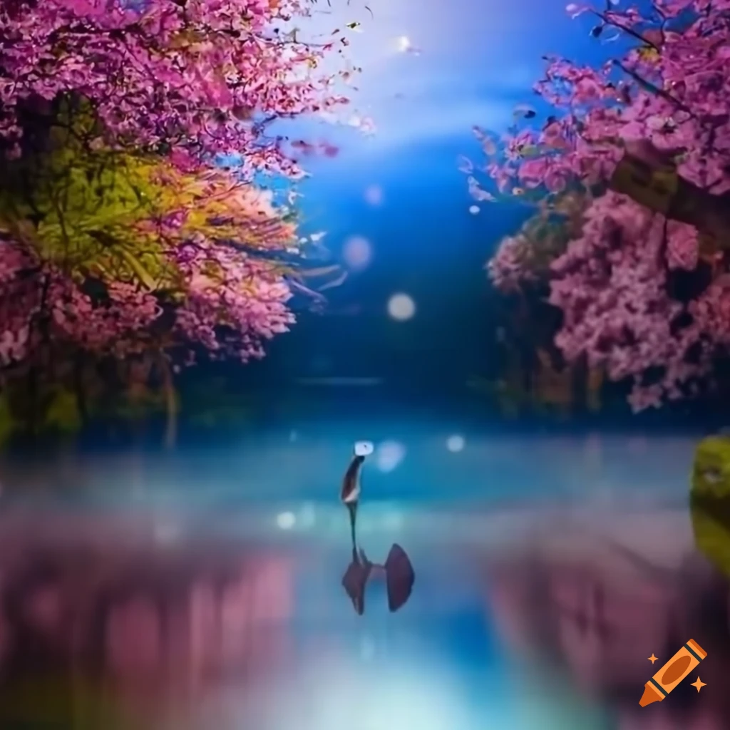 sakura pond under magical lights