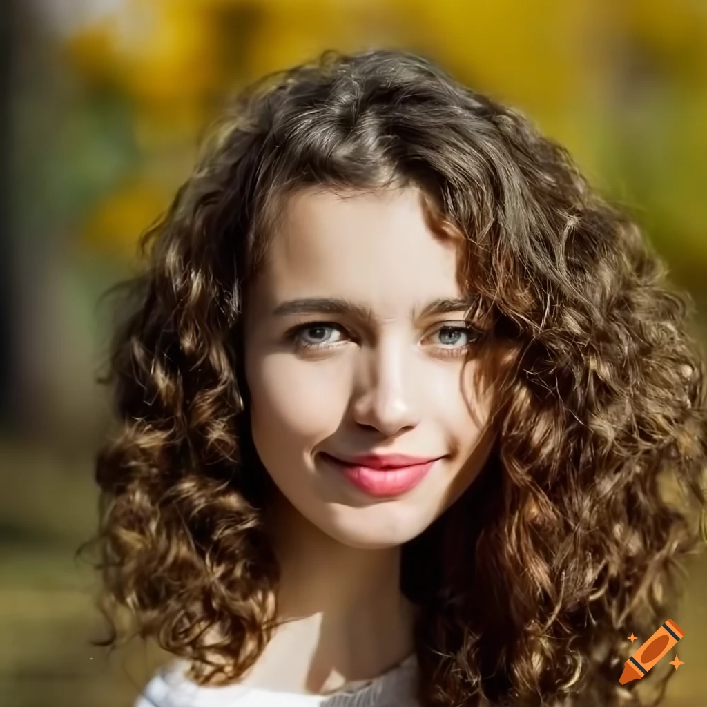 Portrait of a young woman with curly hair and a warm smile on Craiyon