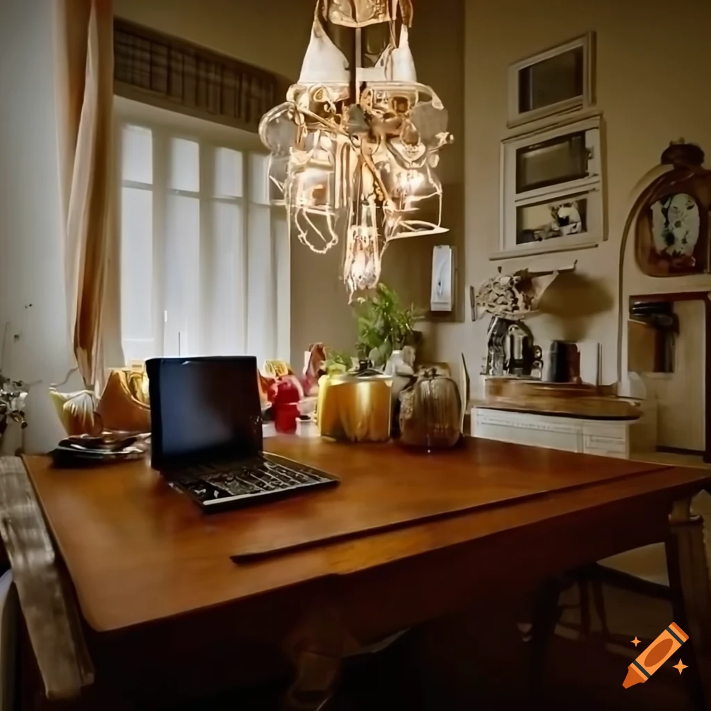 cluttered wooden dining room table with laptop and chandelier light