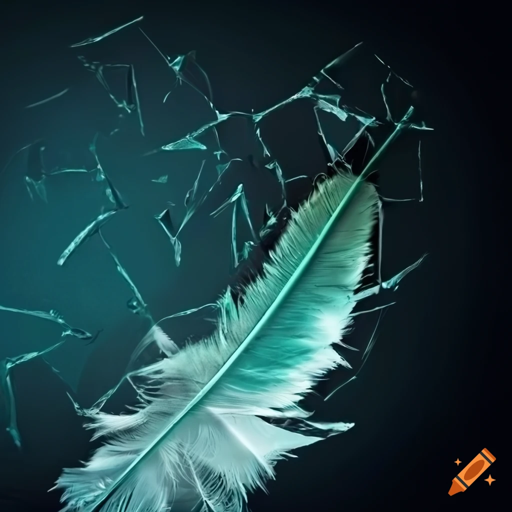 feather on shattered glass in a white room