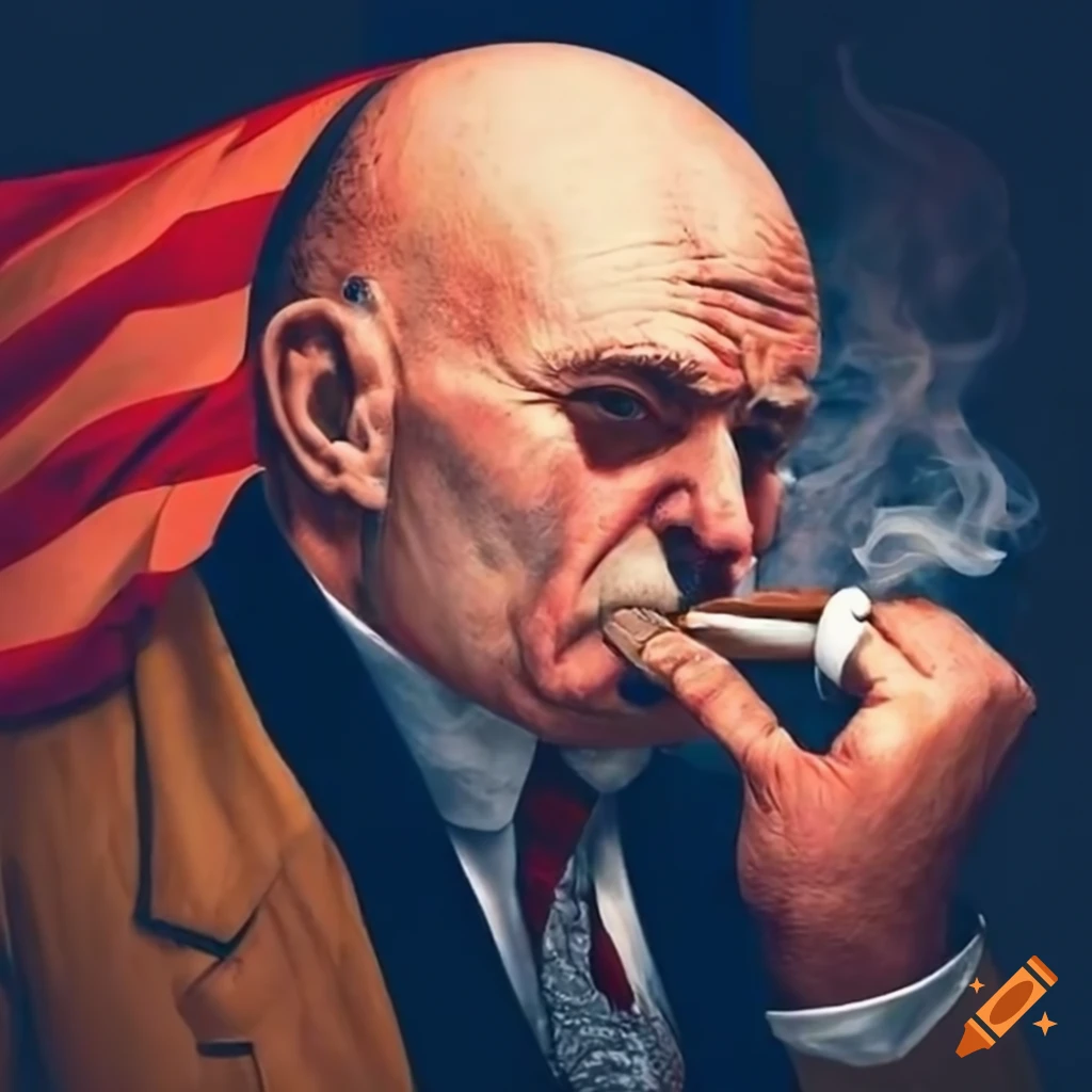 patriotic image of a bald man smoking a cigar with American flag in the background
