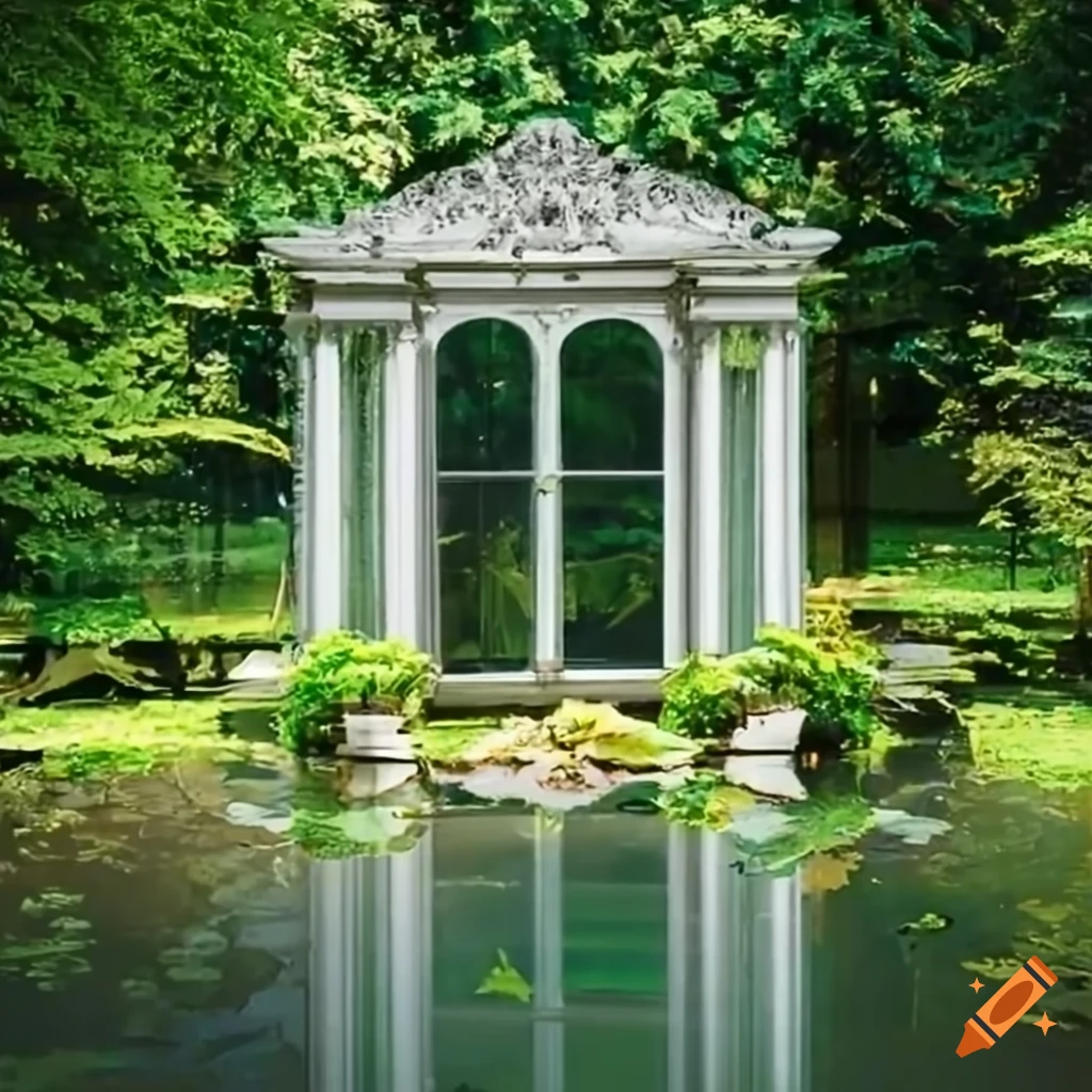 rococo-style garden balcony with tall windows overlooking a pond