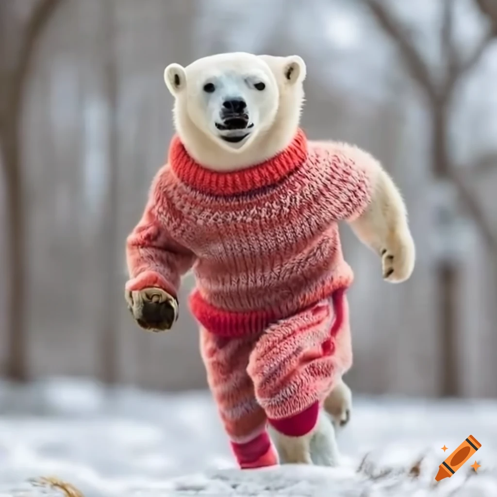 funny image of a polar bear jogging in a park