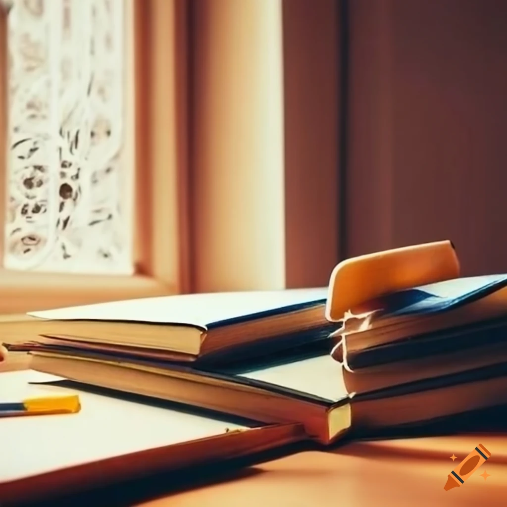 cozy desk with books, papers, and pens