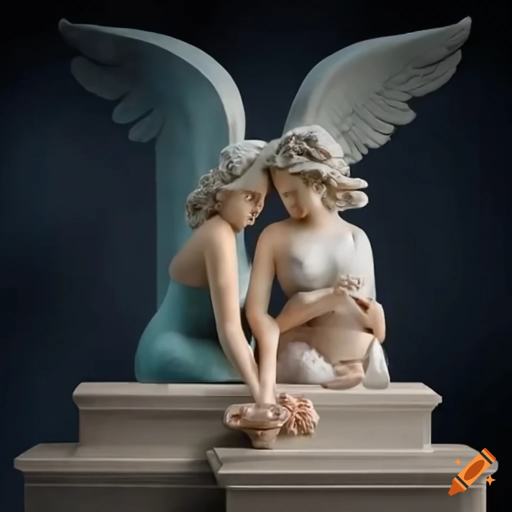 couple giving a massage in a garden with angel and deer statues