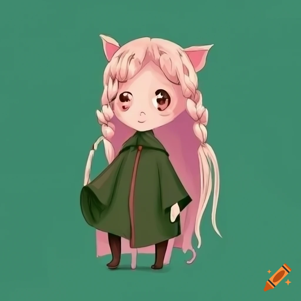 cute anime pig girl with brown ponytail braid