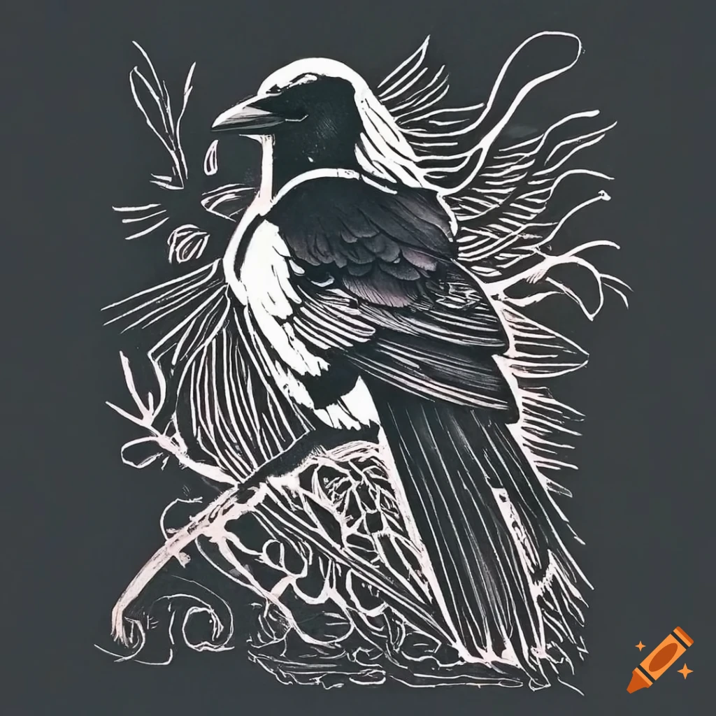 black and white linocut of a magpie