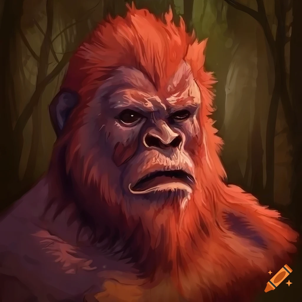 colorless aquarel portrait of a heroic red-furred bigfoot