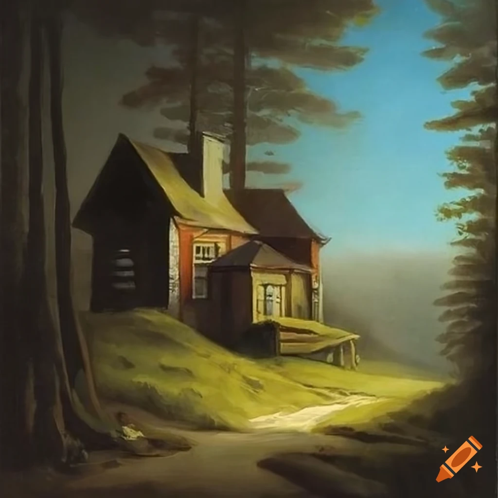 Beksiński's painting of a cottage in the mountains