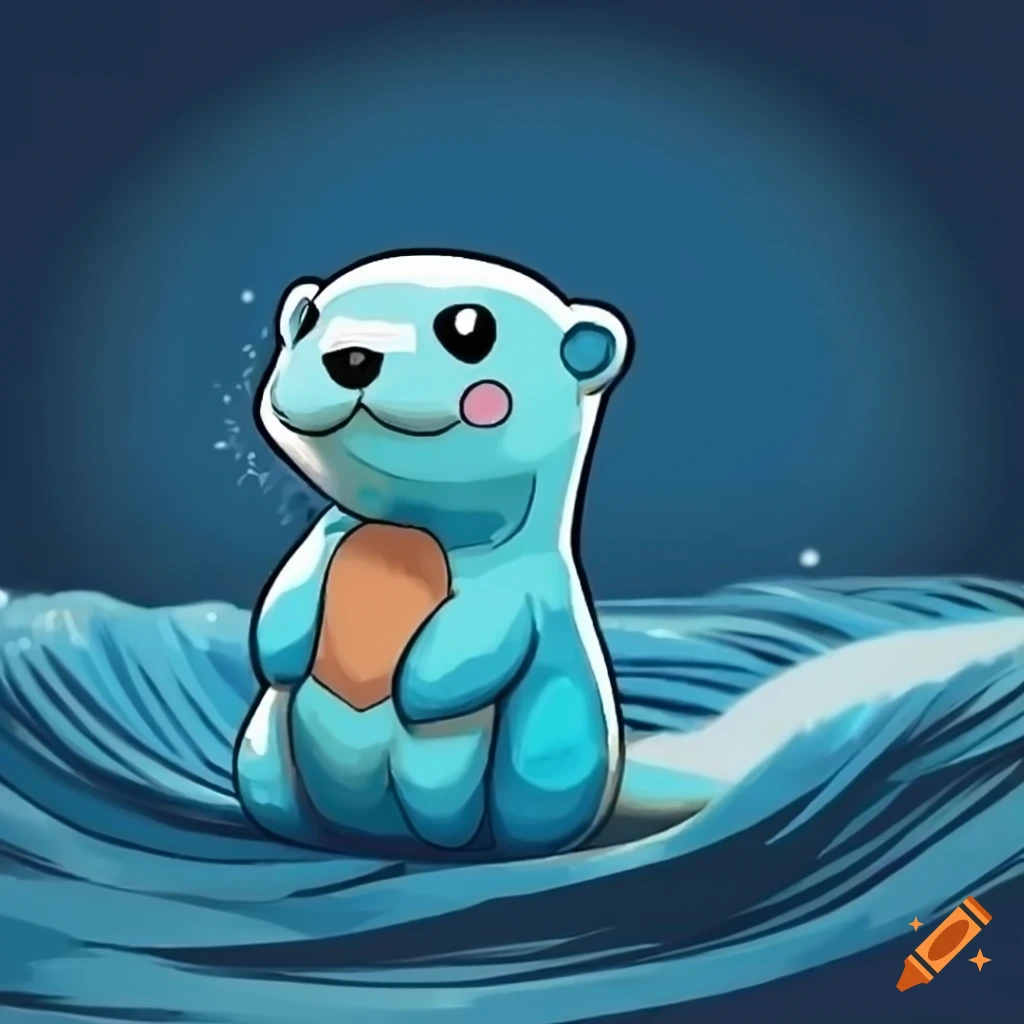 blue otter Pokémon standing in front of a wave
