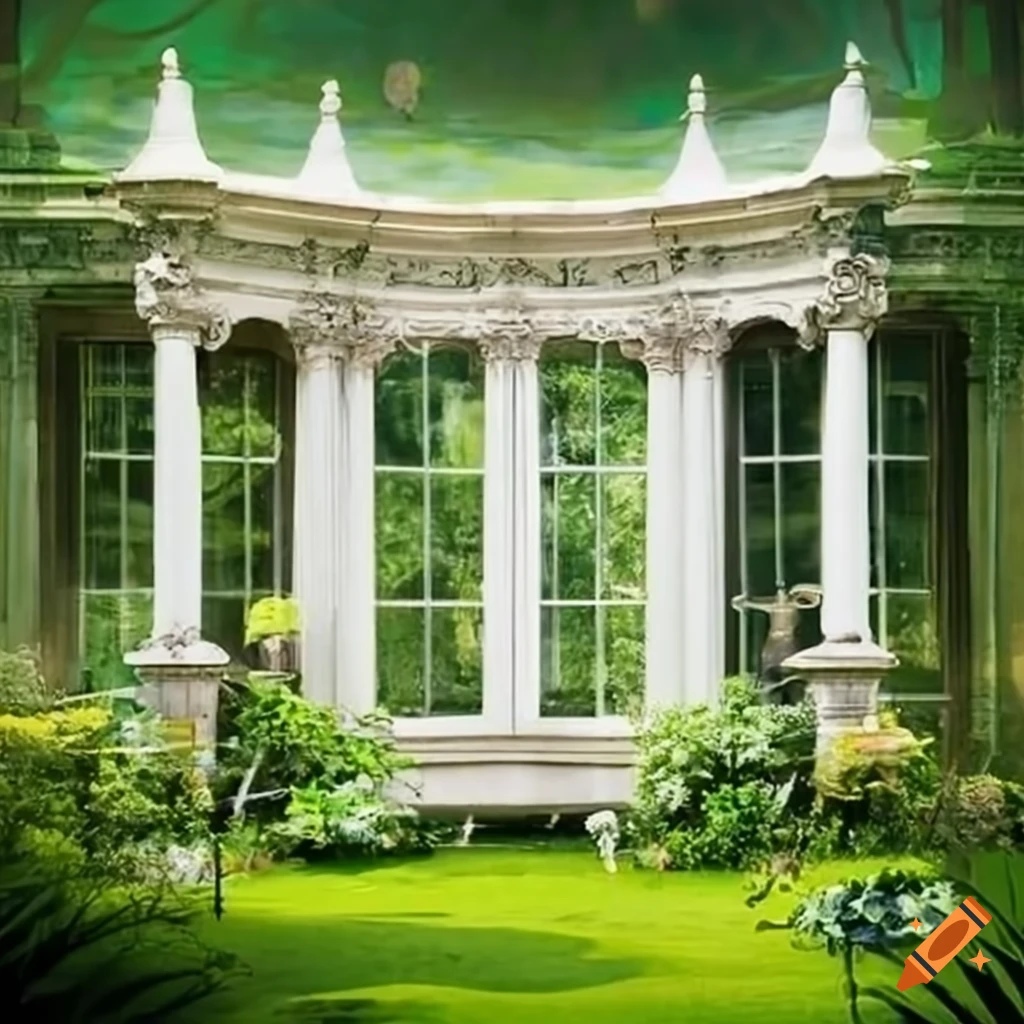 rococo-style windows overlooking a beautiful garden pond