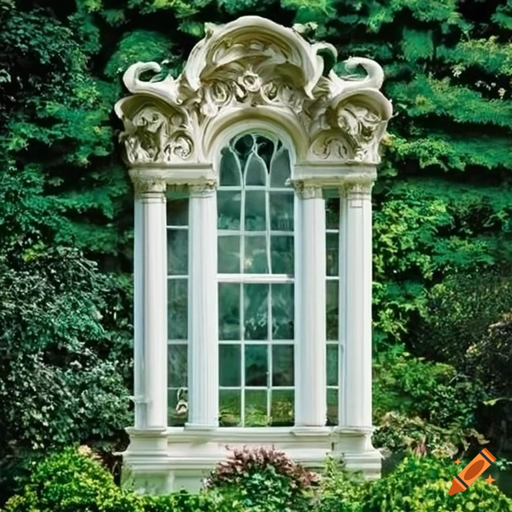 Garden with tall rococo windows and white pillars on Craiyon