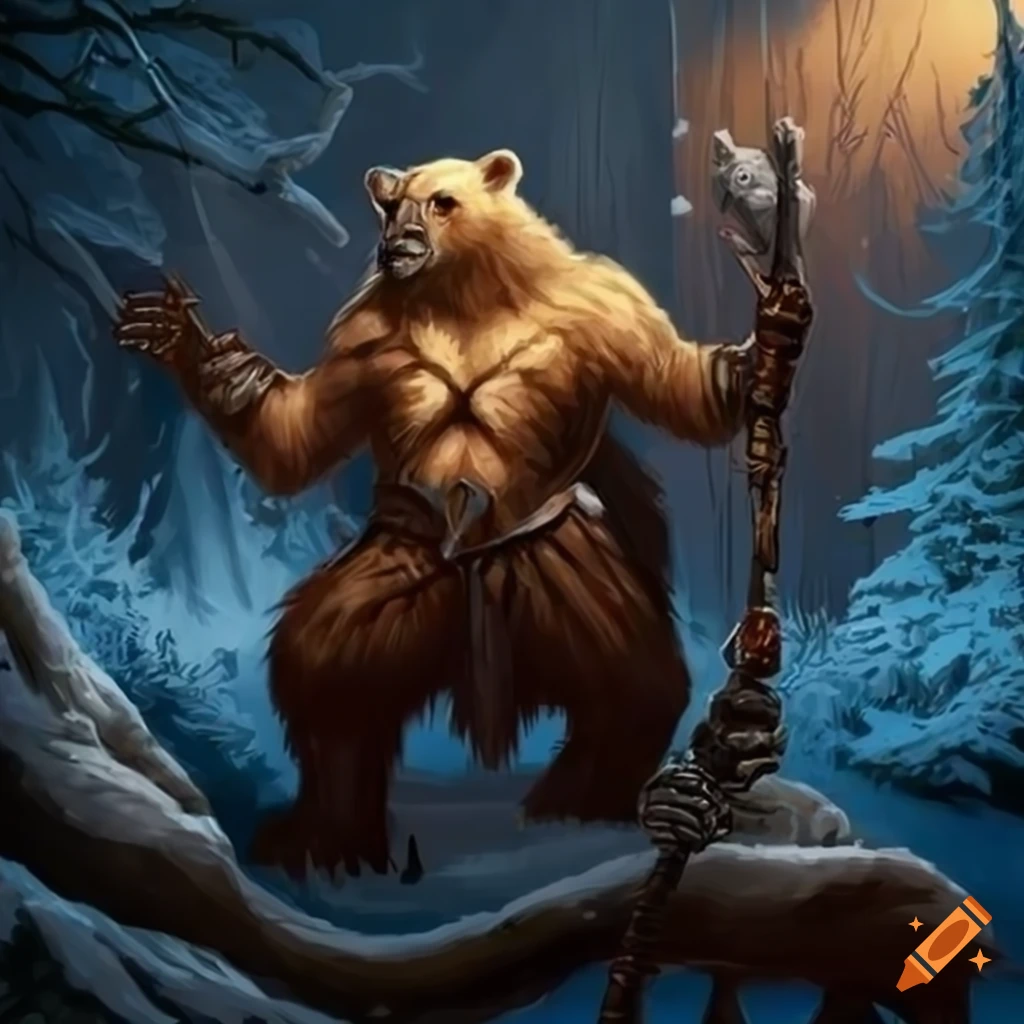 fantasy art of a barbarian with bears in the snow