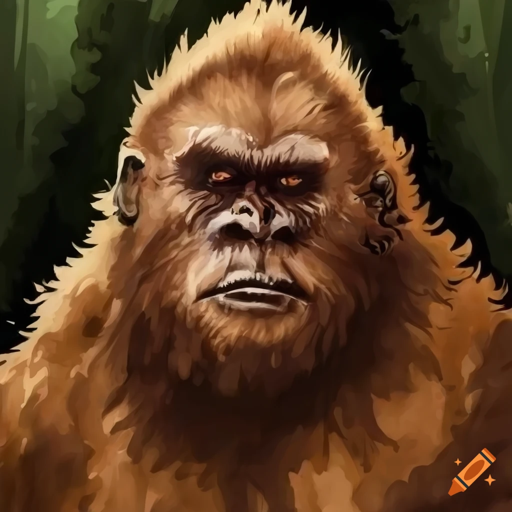 colorless aquarelle portrait of a heroic fantasy bigfoot in a forest