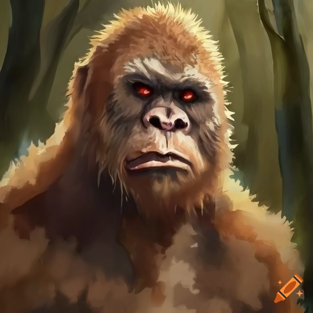 colorless aquarel portrait of a heroic bigfoot in a forest