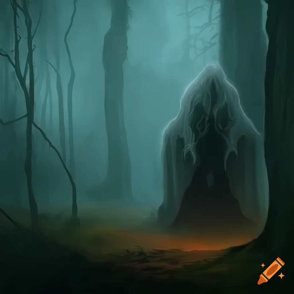 Dark fantasy art of a foggy forest during a thunderstorm on Craiyon