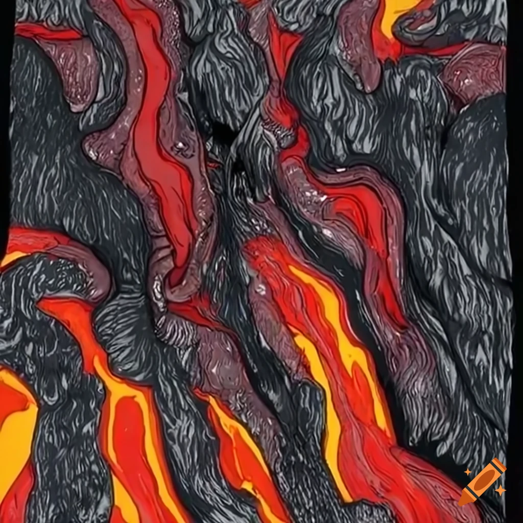 rain falling on a flowing lava river