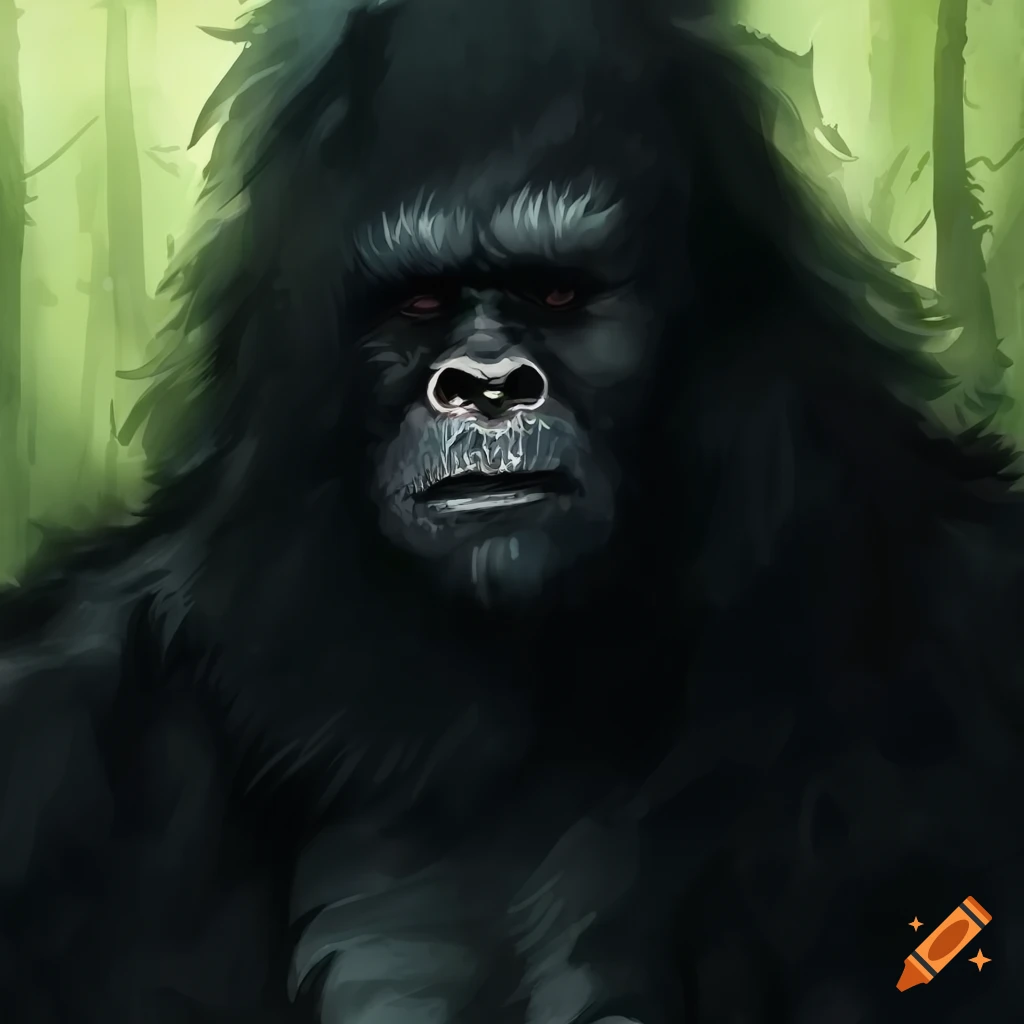 aquarel portrait of a heroic fantasy bigfoot with a forest background