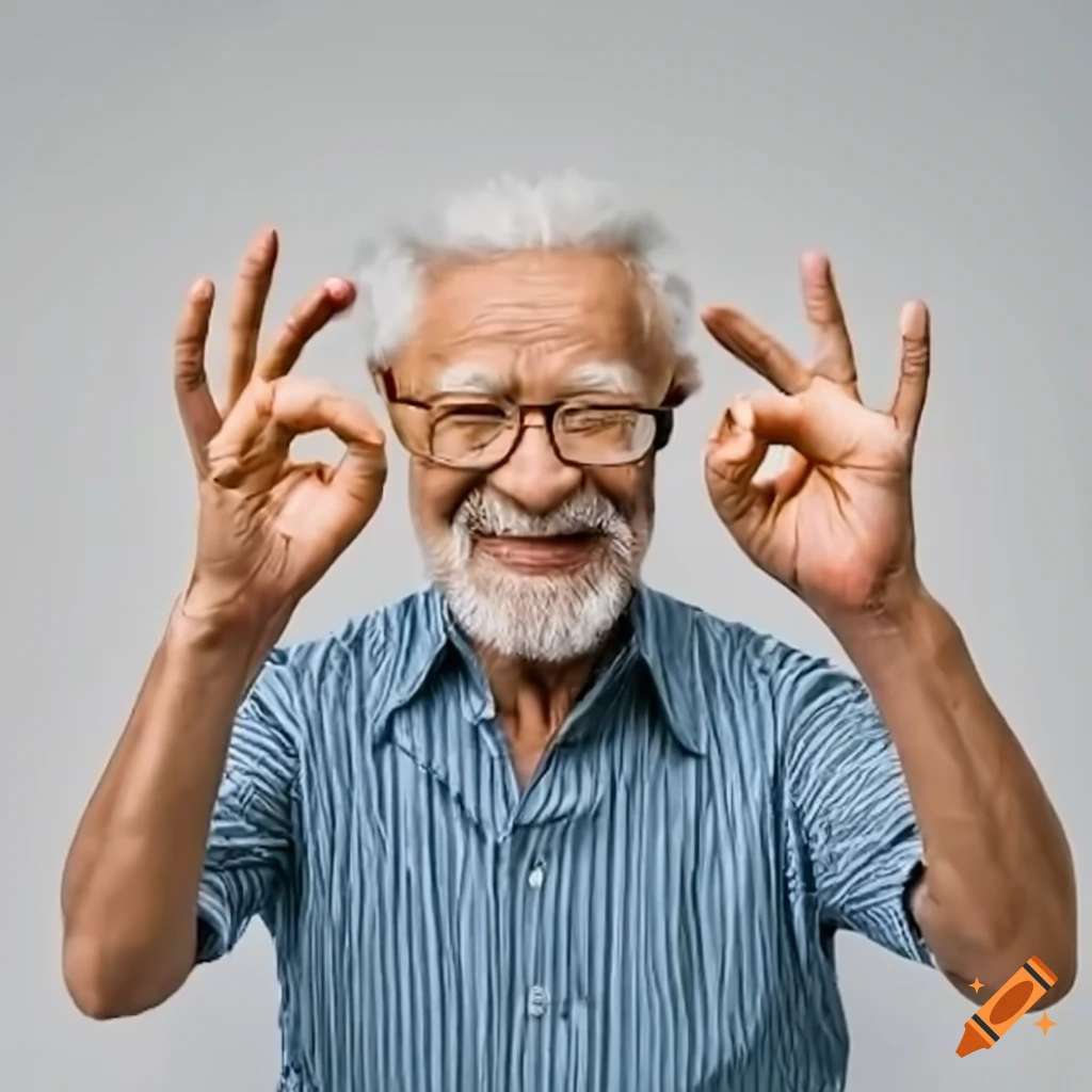 elderly person making the OK gesture on white background