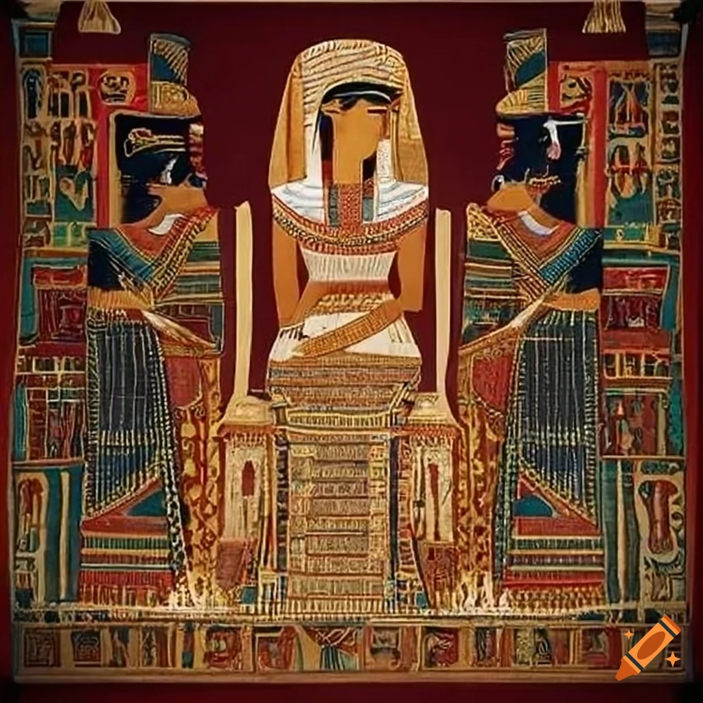 vibrant tapestry with scenes from ancient Egypt